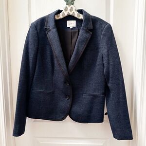 Ann Taylor Loft Navy Wool Herringbone Blazer with Black Pipping Size Large